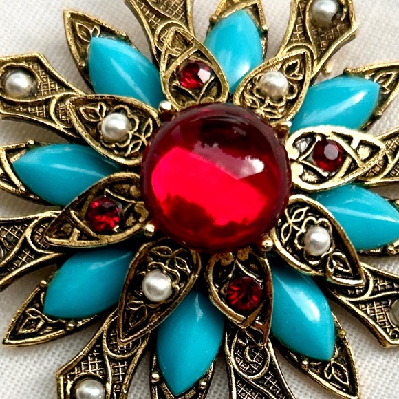 Vtg ART Arthur Pepper Brooch/Pendant w/ Red Glass Cabochon Turquoise Pearl - Picture 2 of 5
